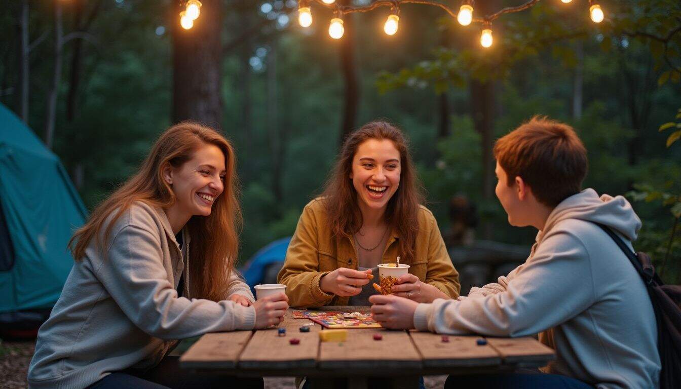 Three friends enjoy snacks and a board game around a rustic camping table, surrounded by casual outdoor gear.