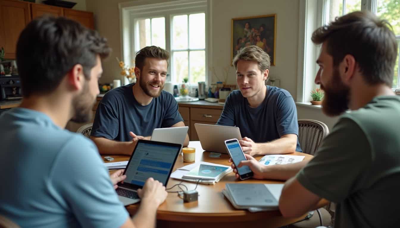 A group of friends casually discuss trip plans and budgets while using laptops at a cluttered table.