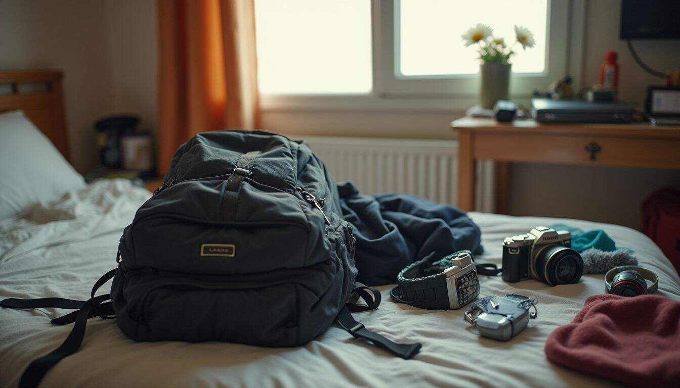 A slightly messy backpack and travel items are scattered across a cluttered hostel bed, capturing a casual travel moment.