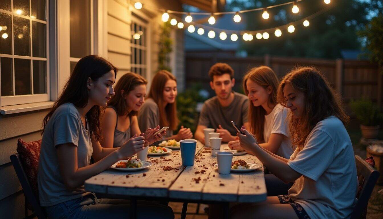 A group of young friends casually hangs out around a cluttered patio table, chatting and using their phones.