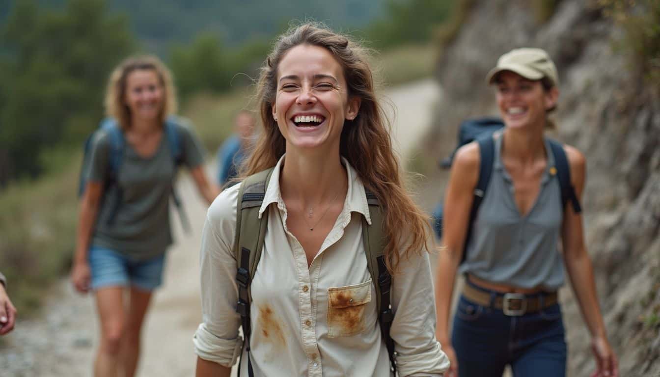 A woman mid-laugh on a rocky trail, wearing a stained shirt and enjoying a casual hike with friends.