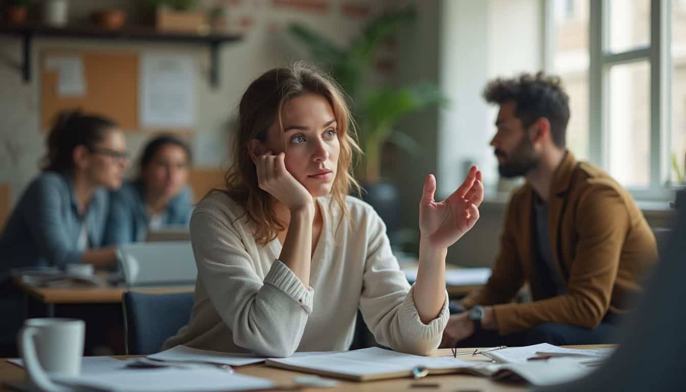 A woman in her 30s engages casually with colleagues at a cluttered office table during a work discussion.