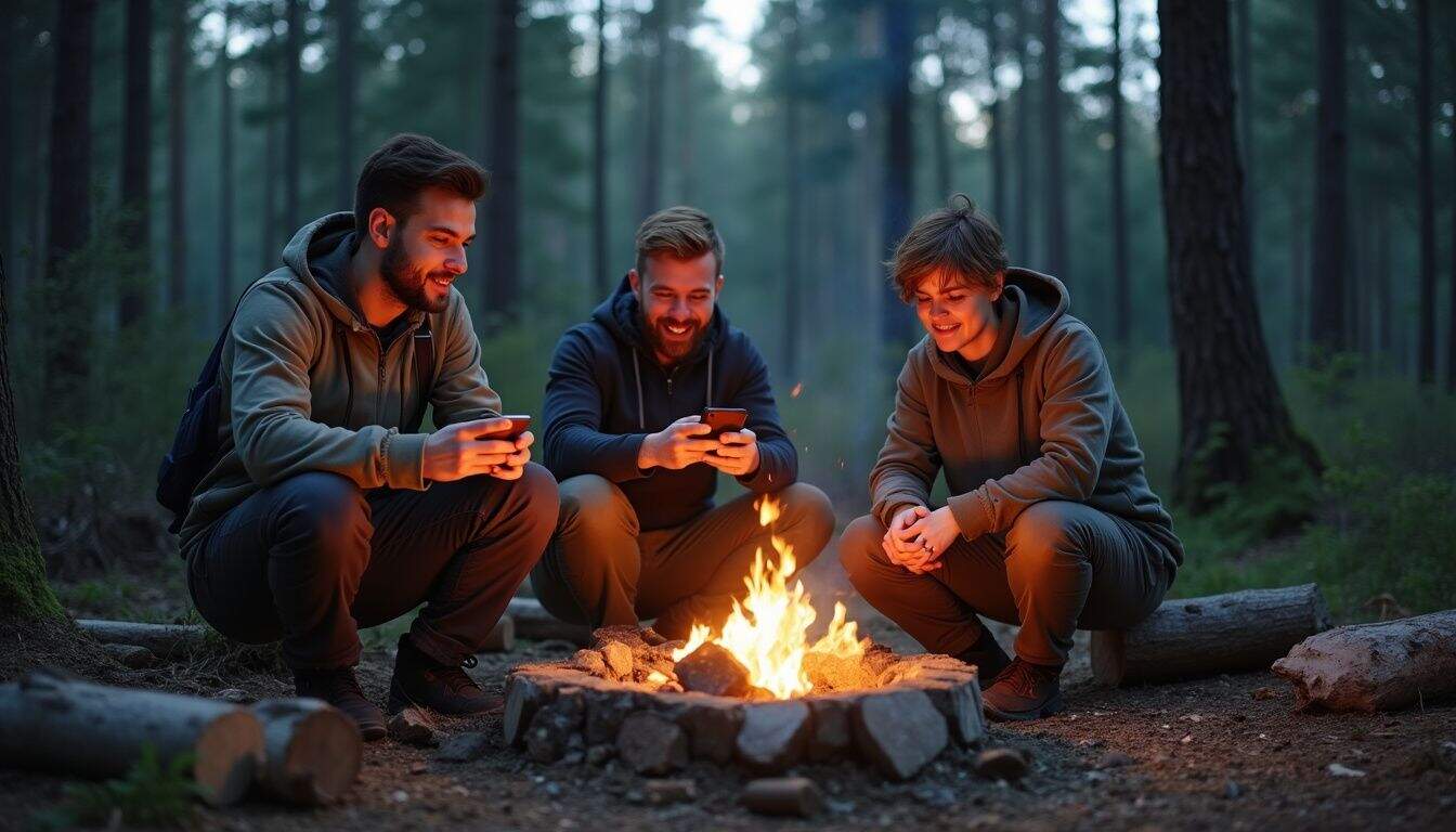 Three friends relax around a campfire, casually chatting and checking messages during a camping trip.
