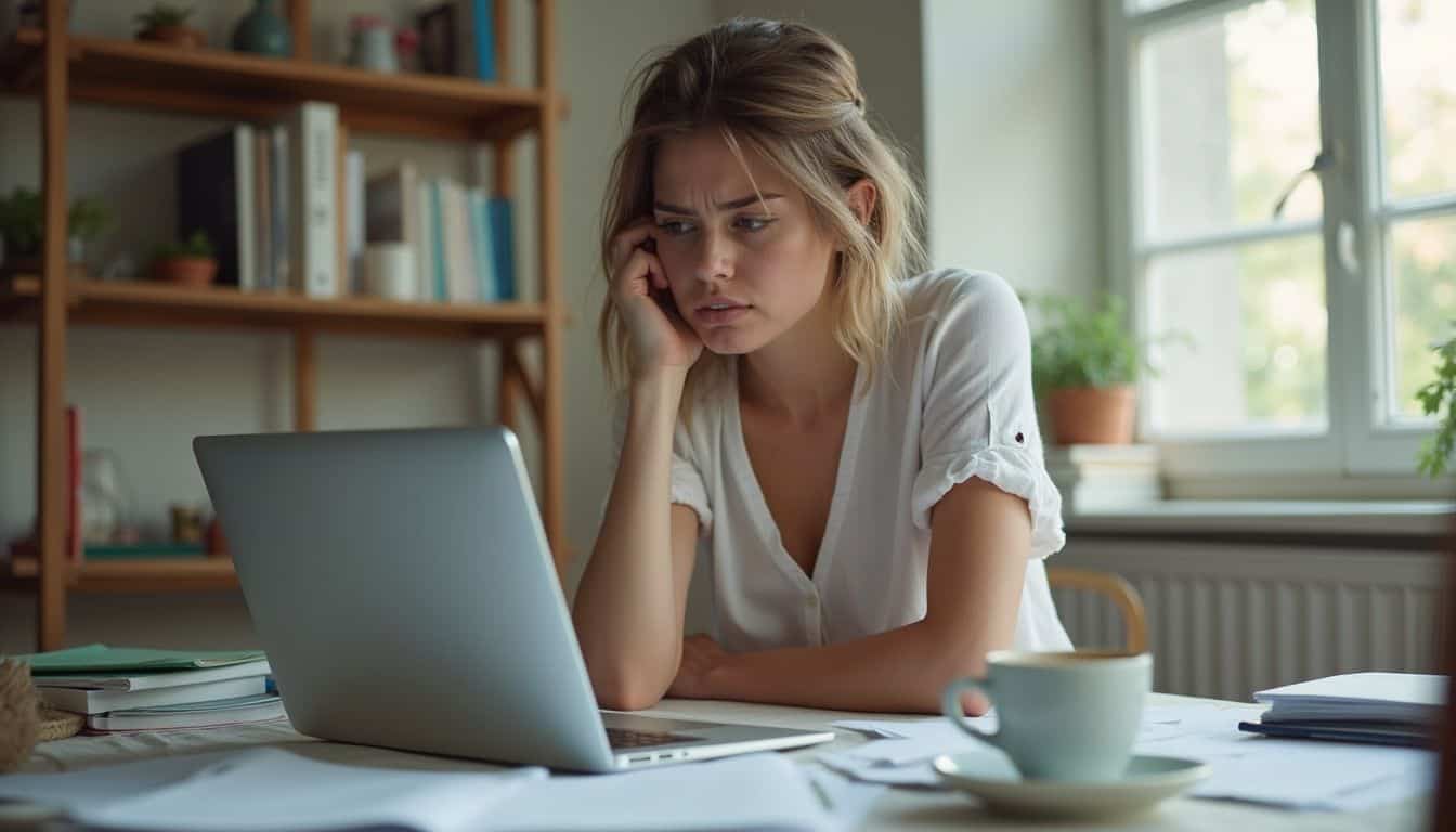 A woman in her 30s looks tired and frustrated at a messy dining table with her laptop and scattered papers.