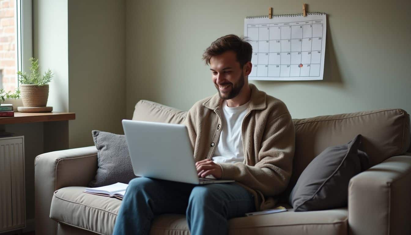 A man in his 30s casually organizes travel plans on his laptop while sitting on a worn couch.