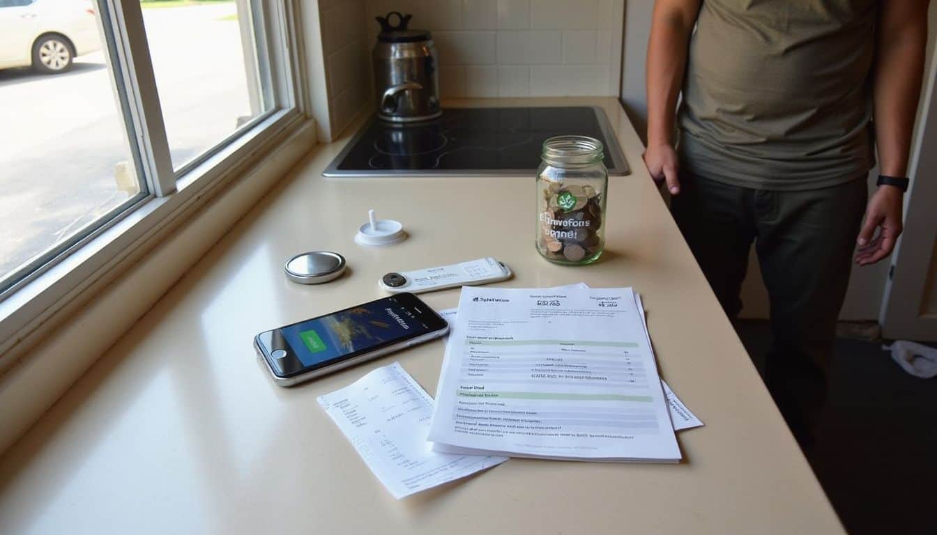 A cluttered kitchen counter displays receipts, a phone app, a travel itinerary, and a jar labeled 'Travel Fund.'