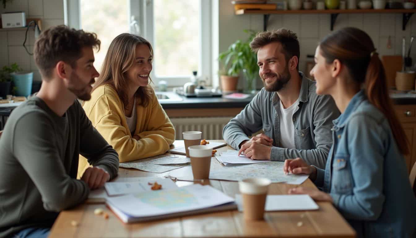 Four friends gather around a cluttered kitchen table, discussing budgeting and plans for a trip in a relaxed atmosphere.