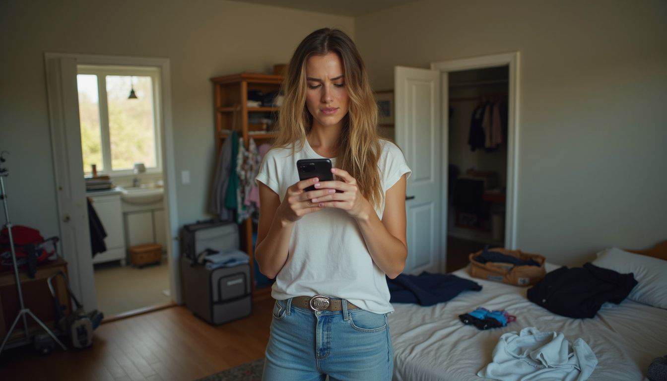 A woman in her 30s looks puzzled while deciding what to pack in a messy bedroom before a trip.