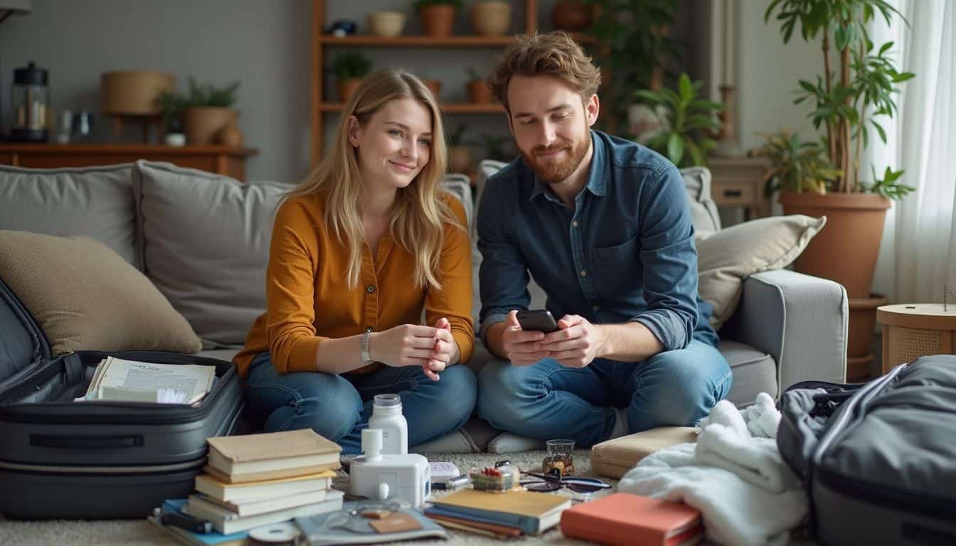 A couple in their 30s casually packs a travel bag amidst everyday items in their cozy living room.