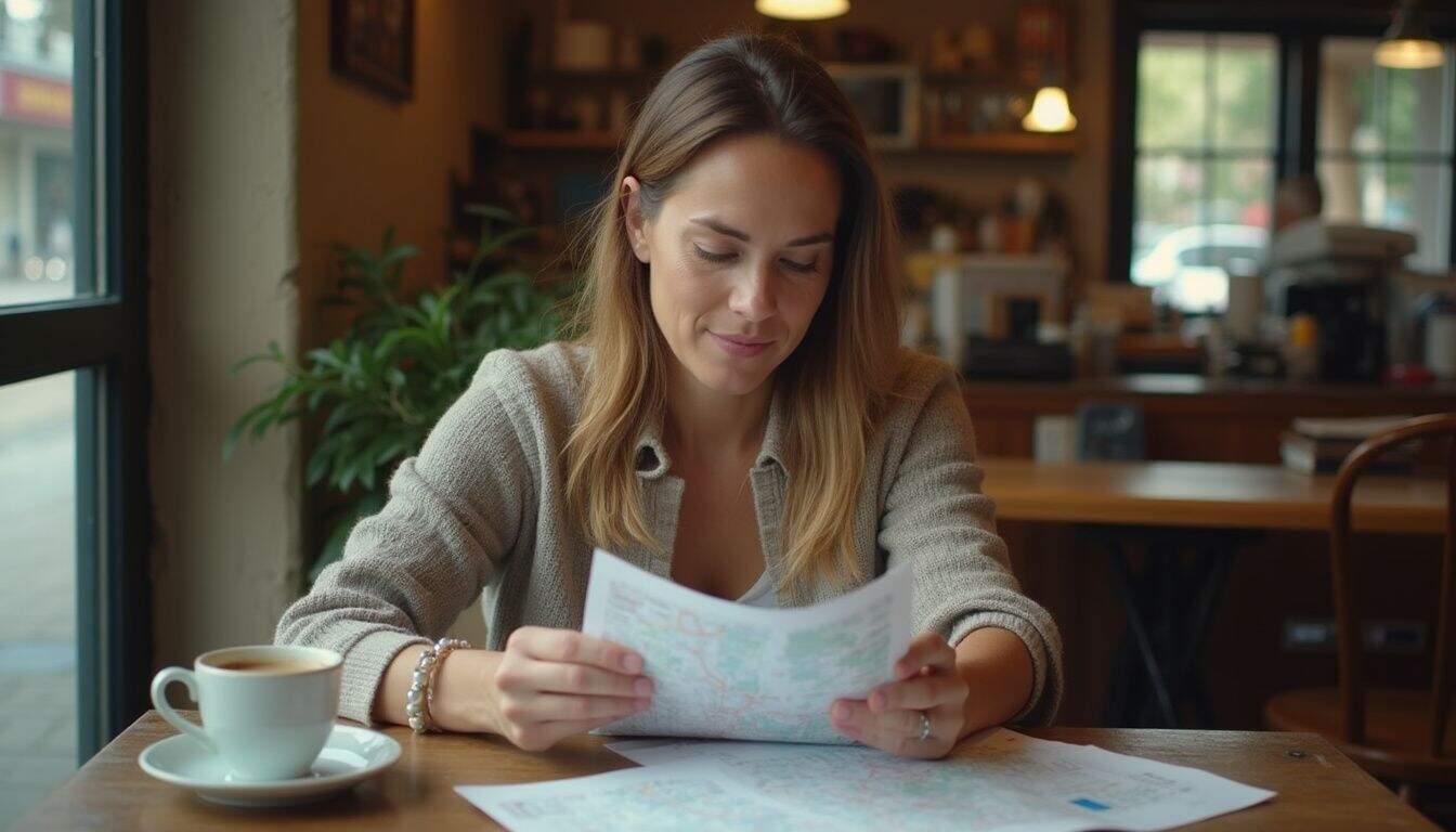 A woman in her 30s sits at a cafe table, reviewing a crumpled travel itinerary amid everyday clutter.