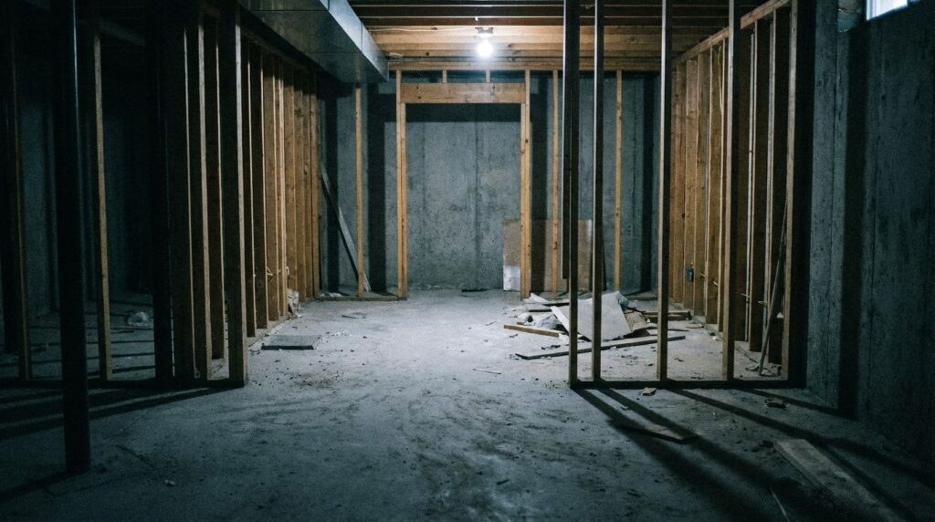 A digital humidity monitor sitting on a shelf displaying 40% humidity. unfinished basement concrete walls 413268 0339