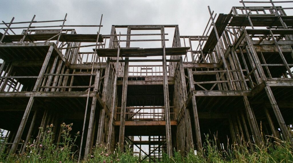 Weathered stone grave markers in tall grass with an unfinished mansion frame in the background. unfinished mansion skeleton 413266 0599