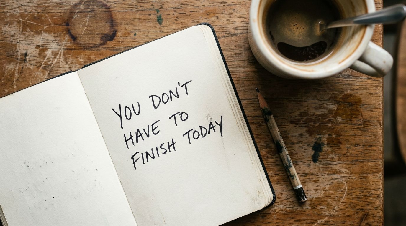 Handwritten note on a textured notebook displaying the unfinished mantra.