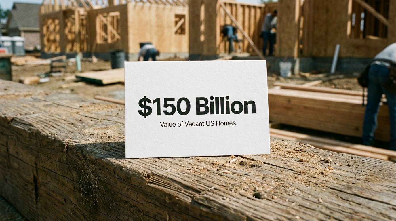 A card displaying the statistic $150 Billion regarding vacant US homes, placed on a construction beam. A card displaying the statistic $150 Billion regarding vacant US homes, placed on a construction beam.