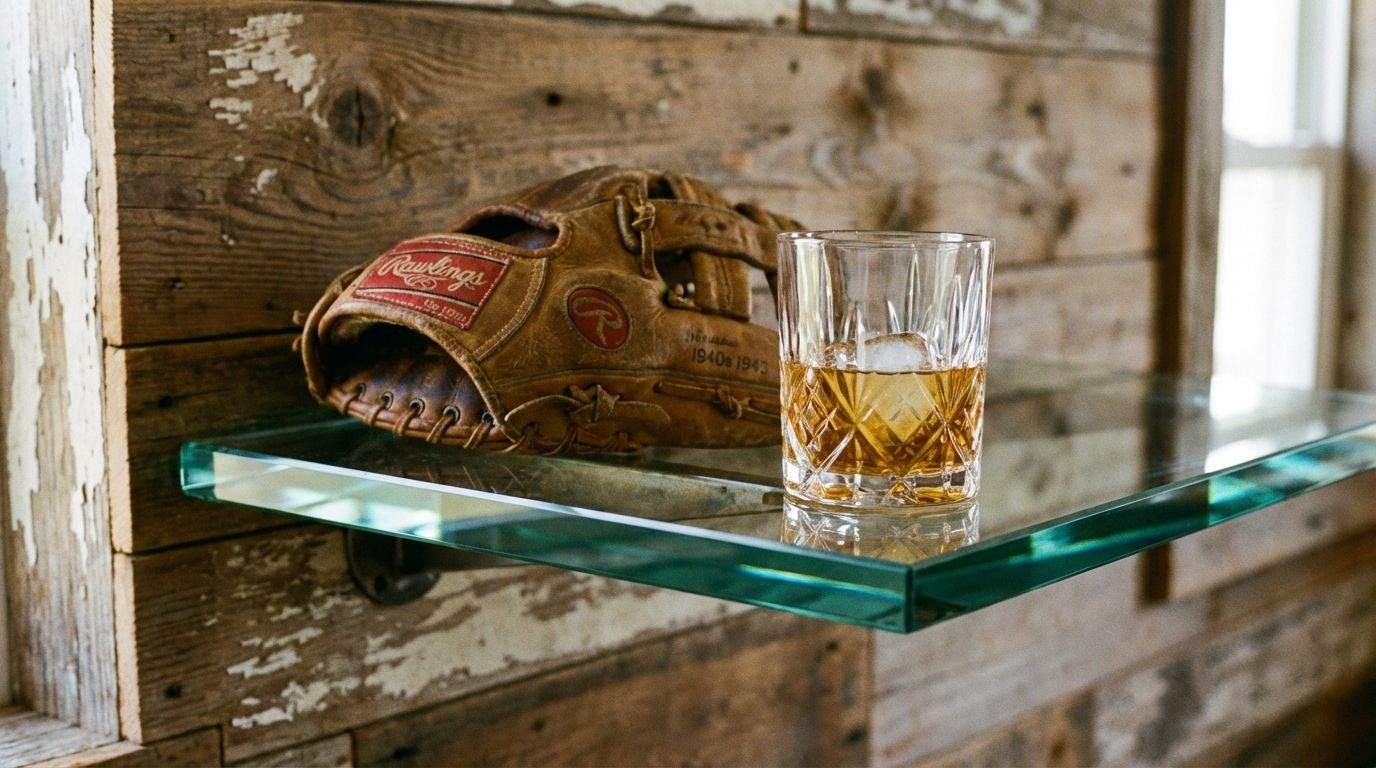 Close-up of vintage sports memorabilia resting on a glass shelf. Close-up of vintage sports memorabilia resting on a glass shelf.