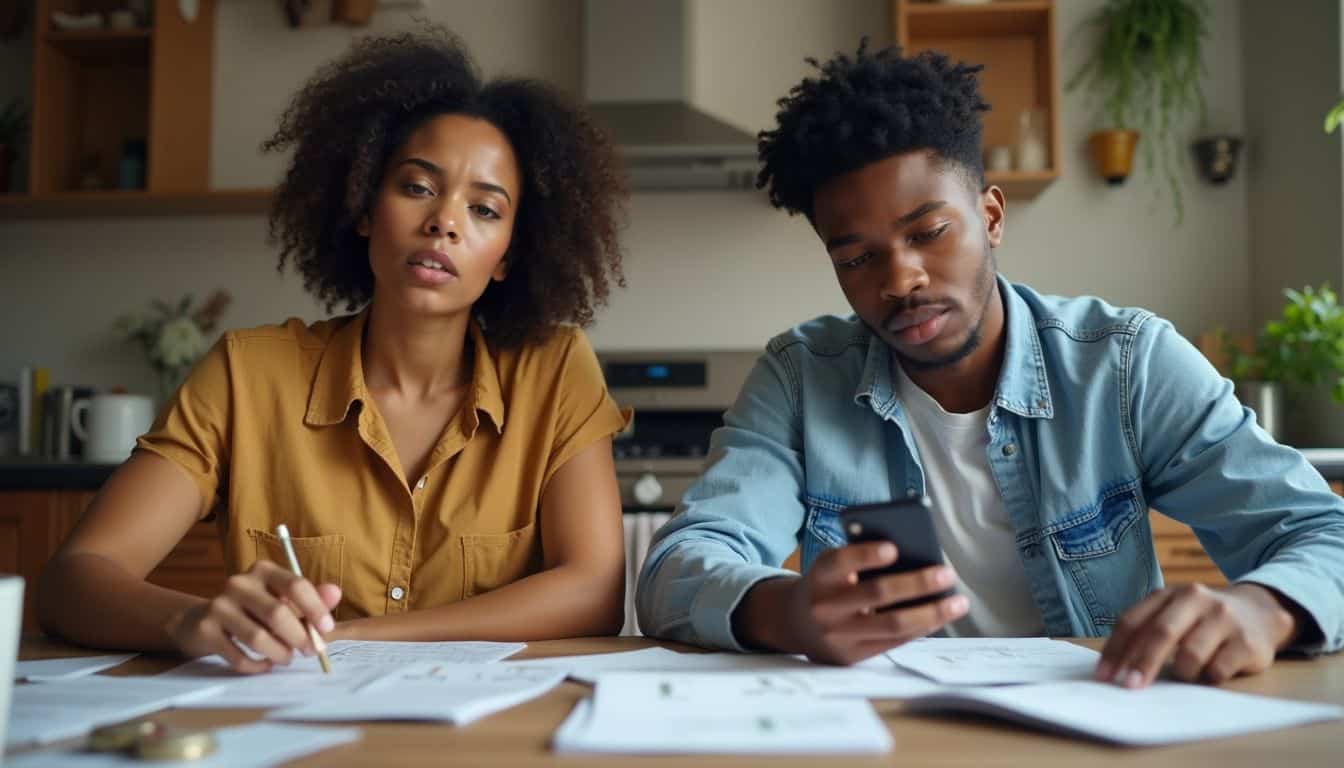 A young couple sits at a cluttered kitchen table, stressed and absorbed in their financial worries. Serious young woman and man studying, working on a project at home with papers, calculator, and coffee, focusing on digital device, casual home setting, modern kitchen background.