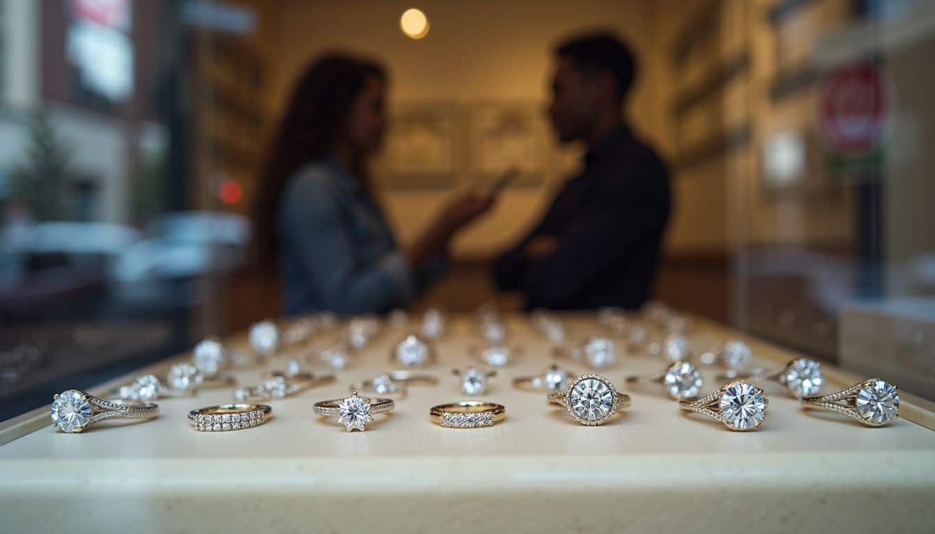 A casual shot of a jewelry store display with engagement rings, capturing a customer chatting with the clerk. Shiny diamond rings displayed at a jewelry store for engagement or wedding purposes.