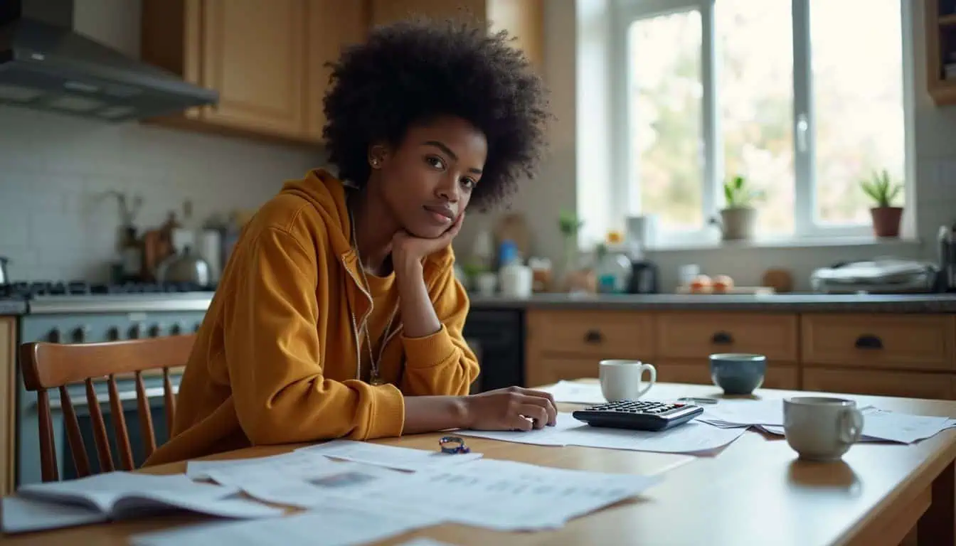 A young woman sits at a cluttered kitchen table, surrounded by bills, a calculator, and a half-finished coffee. An African American woman working at a kitchen table with papers, calculator, and coffee cups, showcasing a modern, cozy home environment conducive to productivity and focus for online work or studying.
