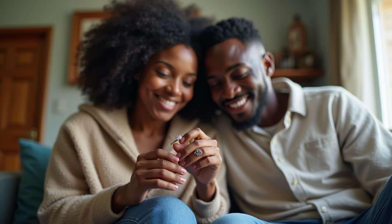 A young couple joyfully admires a lab-created sapphire engagement ring in their cozy living room. Shiny engagement rings on a woman's hand as she and her partner smile happily, celebrating their love and future together in a cozy, well-lit home environment.