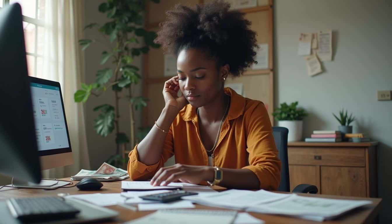 A young woman sits at a cluttered desk, budgeting for an engagement ring with various financial materials around her. Banking woman doing financial calculations at home or office, working with bank statements, bills, and a calculator, focused on personal finances and budget management, professional and business concept, natural lighting.