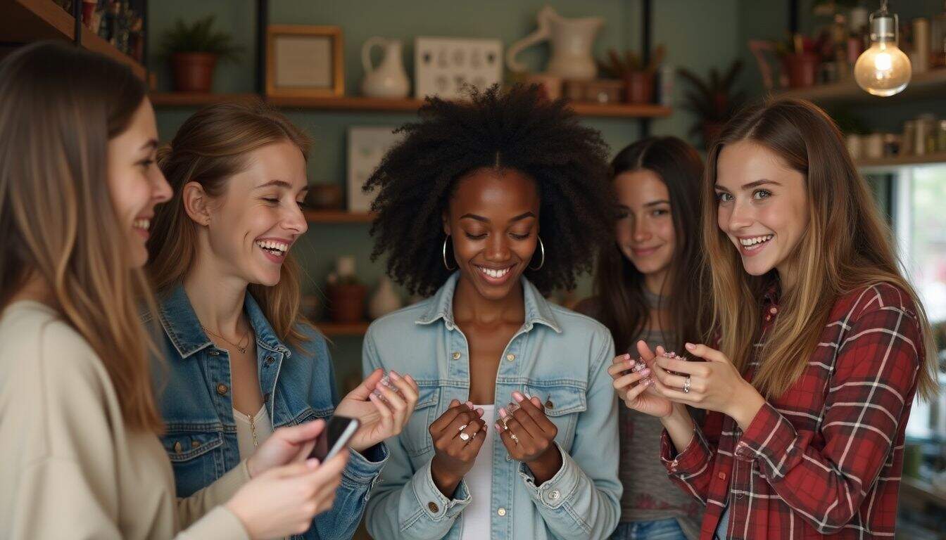 A group of young adults casually browses rings in a cozy, cluttered jewelry shop during a relaxed hangout. Smiling group of young women chatting and having fun together in a cozy indoor setting, socializing with friends, joyful vibe, casual fashion, friendship, lifestyle, modern home decor, women enjoying each other's company, happy moments with friends, warm ambiance, community, connection.
