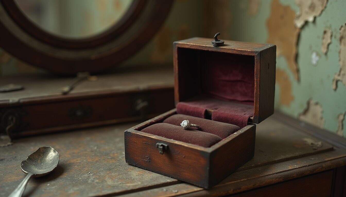 An open wooden jewelry box on a dusty vanity holds a diamond ring amidst a lived-in, slightly rundown room. Vintage jewelry box with diamond engagement ring inside, rustic wooden surface, antique décor, romantic gift idea, timeless elegance, close-up shot of luxurious accessory.