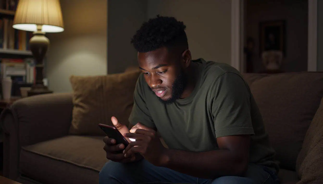 A young man casually scrolls through information about lab-created diamonds while sitting on a worn couch in a cozy living room. A young man with a beard sitting on a couch at night, looking at his smartphone with a surprised or intrigued expression, illuminated by the phone's screen light.