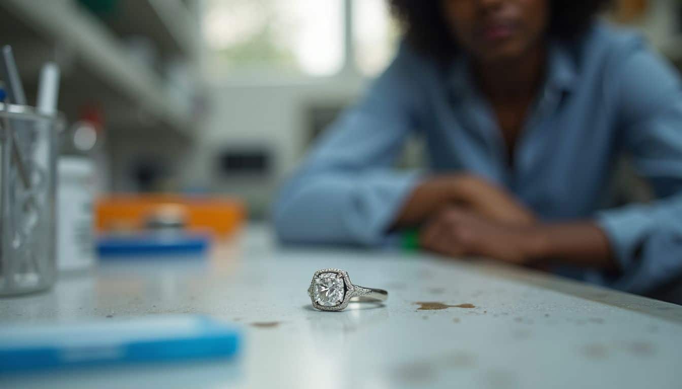 A casual photo captures a white gold ring with a lab-created diamond on a cluttered lab bench. Delicate diamond engagement ring on laboratory table in focus with woman in background, science laboratory environment, elegant jewelry, jewelry design, clear focus on ring, professional lab setting, high-quality image for jewelry or science themes.