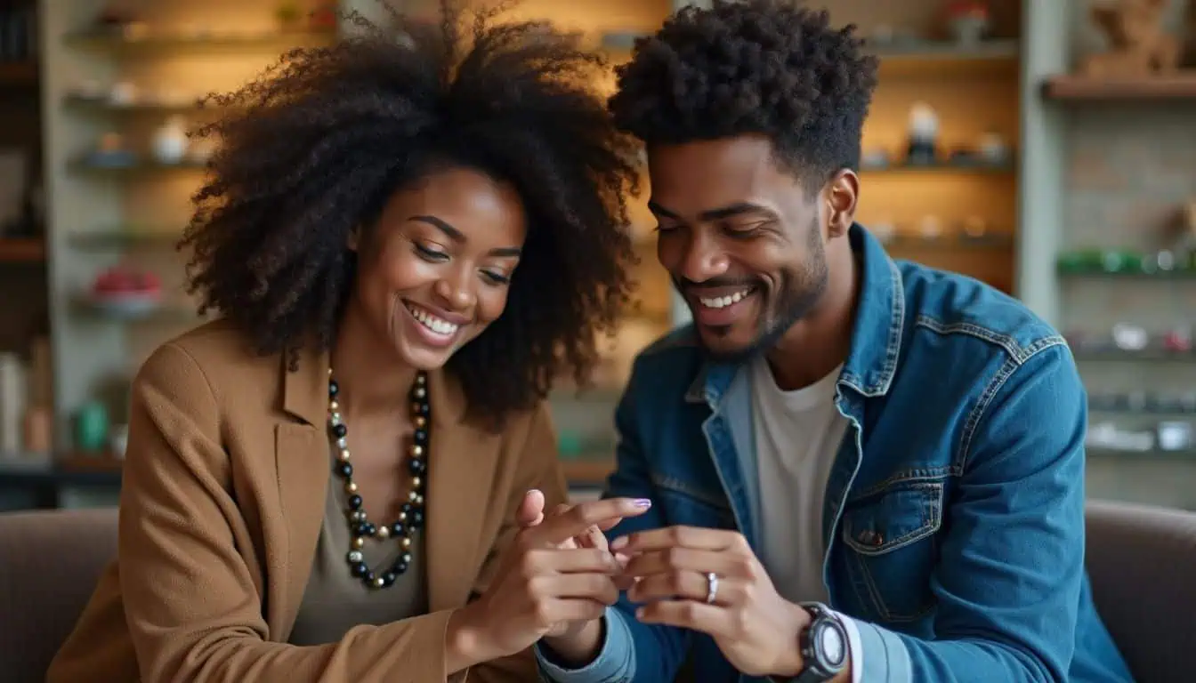 A couple is casually exploring a sapphire engagement ring in a cozy, eclectic jewelry store. Vibrant couple sharing a joyful moment while looking at a smartphone in a cozy, well-lit cafe. Happy, trendy, and modern lifestyle scene, perfect for personal connection or relationship articles.