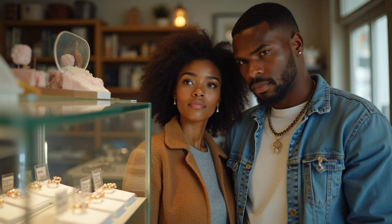 A young couple looks uncertainly at engagement rings in a cluttered jewelry store. Stylish African American couple shopping for jewelry at a modern boutique.
