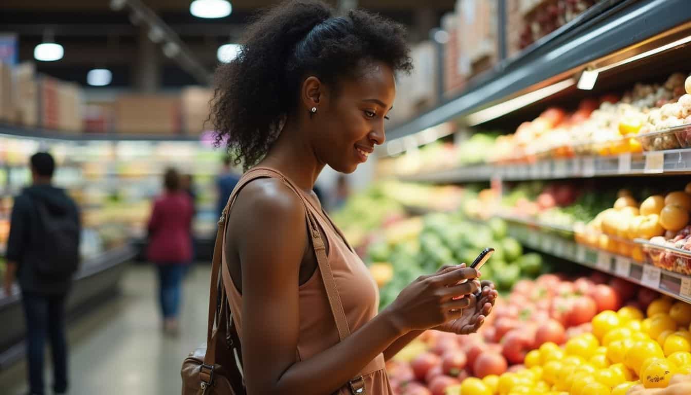 A woman in casual attire examines price tags in a bustling grocery store's produce section. Fresh young woman shopping for fresh vegetables at supermarket, smiling while looking at her phone, enjoying healthy lifestyle, modern grocery shopping, vibrant produce aisle, lifestyle and wellness.