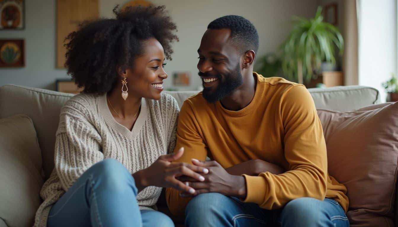 A couple sits casually on a couch, discussing ring choices with relaxed smiles in a cozy living space. Happy couple enjoying emotional moment on sofa in modern living room.