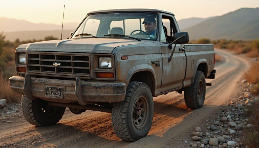 What Kind of People Drive Lifted Trucks? Top 8 Types 2 Weathered vintage Chevy pickup truck in a rugged desert landscape during sunset, exploring themes of adventure, masculinity, and off-road lifestyle. Perfect for automotive and outdoor lifestyle SEO.