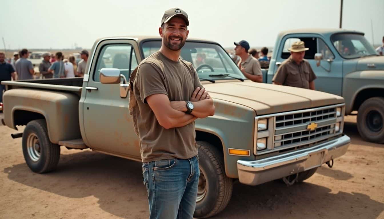 A relaxed man in his 30s stands beside his worn Chevy Silverado at a casual truck show. Classic vintage Chevrolet pickup truck at a car show with a smiling man in casual attire standing in front.