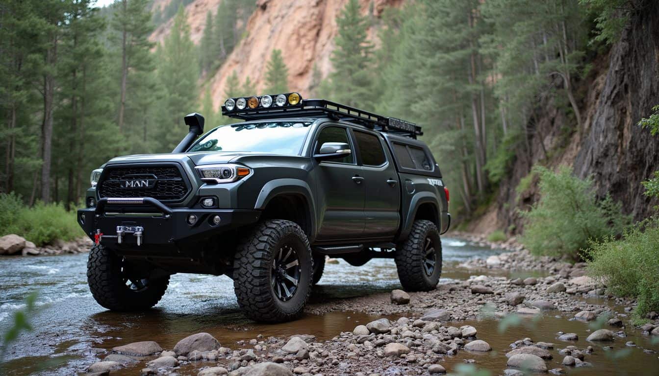 A rugged lifted truck with large tires is parked by a stream amidst thick trees and a steep cliff. High-performance off-road truck in rugged mountain stream setting, equipped with custom roof rack, LED lights, and large tires for adventure and exploration.