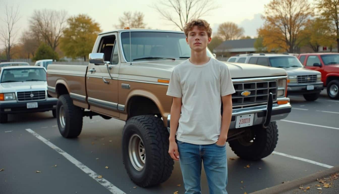 A young man casually stands by his lifted truck in a typical parking lot surrounded by similar vehicles. Unique young man standing in parking lot next to a vintage raised pickup truck, autumn trees in background, casual style, showcasing classic vehicle and urban lifestyle.