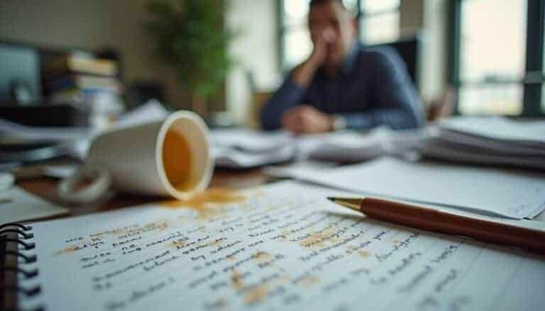 Coffee mug spilled on handwritten notes with a person working in the background, cluttered desk, professional office environment, stress or overwhelmed student at work, disorganized workspace, late-night work session, busy workday, motivational workspace, work-related stress image, unfinished man office inspiration.