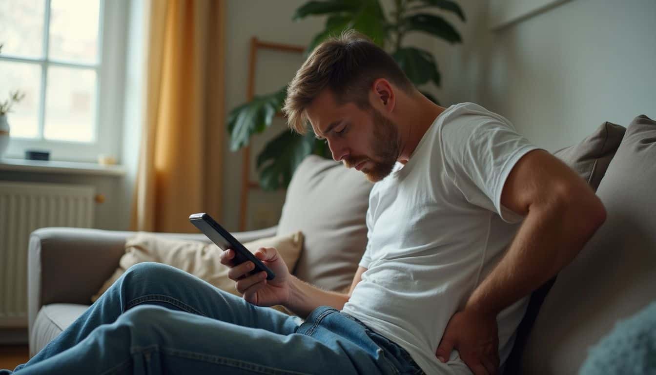 A man in his 30s sits casually on a couch, holding his lower back while looking at his phone. Man sitting on a beige sofa, using a smartphone, experiencing back pain, in a cozy living room with natural light.