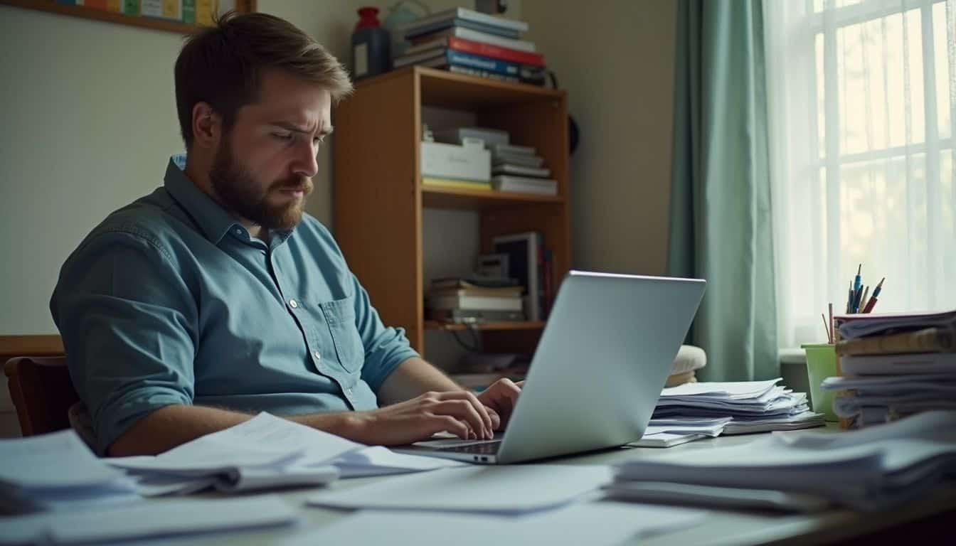 A tired man in his 30s sits at a cluttered desk, surrounded by papers and medical forms. Busy man working on laptop amidst a cluttered desk with papers and books, home office background, focused and stressed, digital work environment, modern interior, unfulfilled man, unfinished man, career pressure, work stress, contemporary workspace.