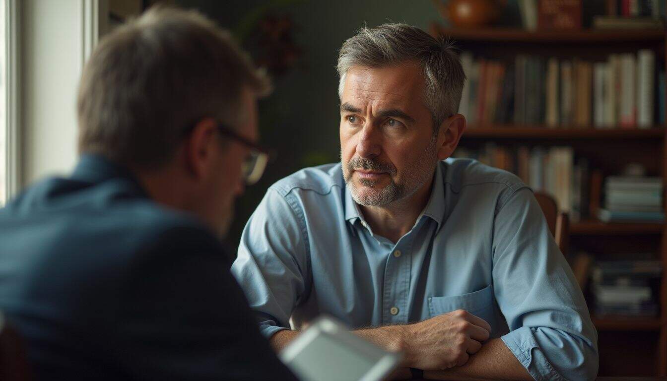 A middle-aged man leans in to speak quietly with his lawyer in a casual, cluttered setting. Expert therapy session between middle-aged man and young professional in office setting.