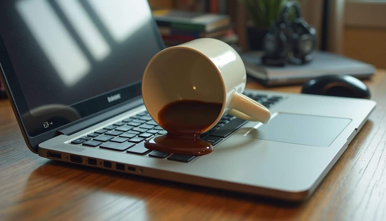 A spilled coffee cup on a laptop creates an everyday accident amidst a cluttered desk. Coffee spilled on open laptop keyboard with a mug placed on top, desktop workspace with books and camera in background, casual office setting, everyday work environment, modern tech workspace, Unfinished Man blog context, lifestyle and productivity, casual workspace setup, modern workspace essentials.
