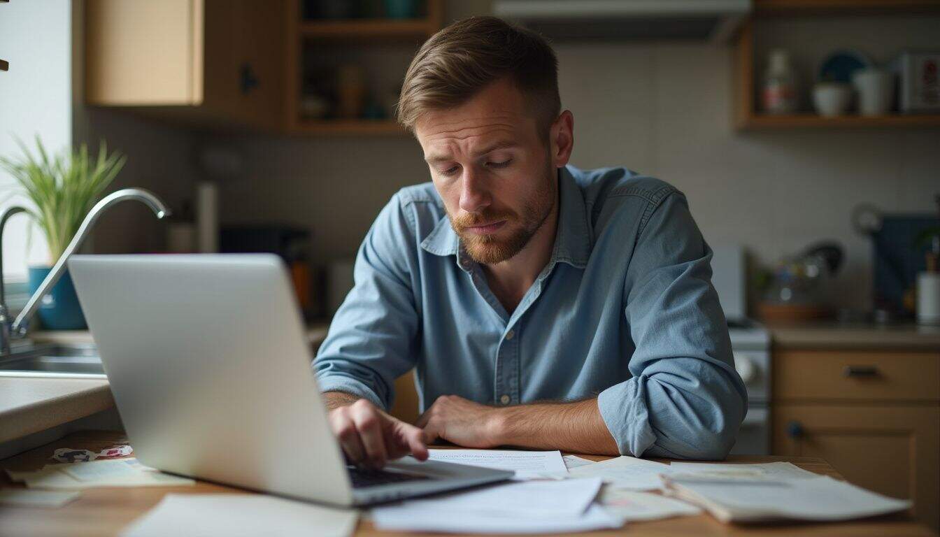 A tired man in his mid-30s pauses at a cluttered kitchen table, contemplating a social media post. Frustrated man working on a laptop at home, dealing with work or study stress in a cozy kitchen setting.