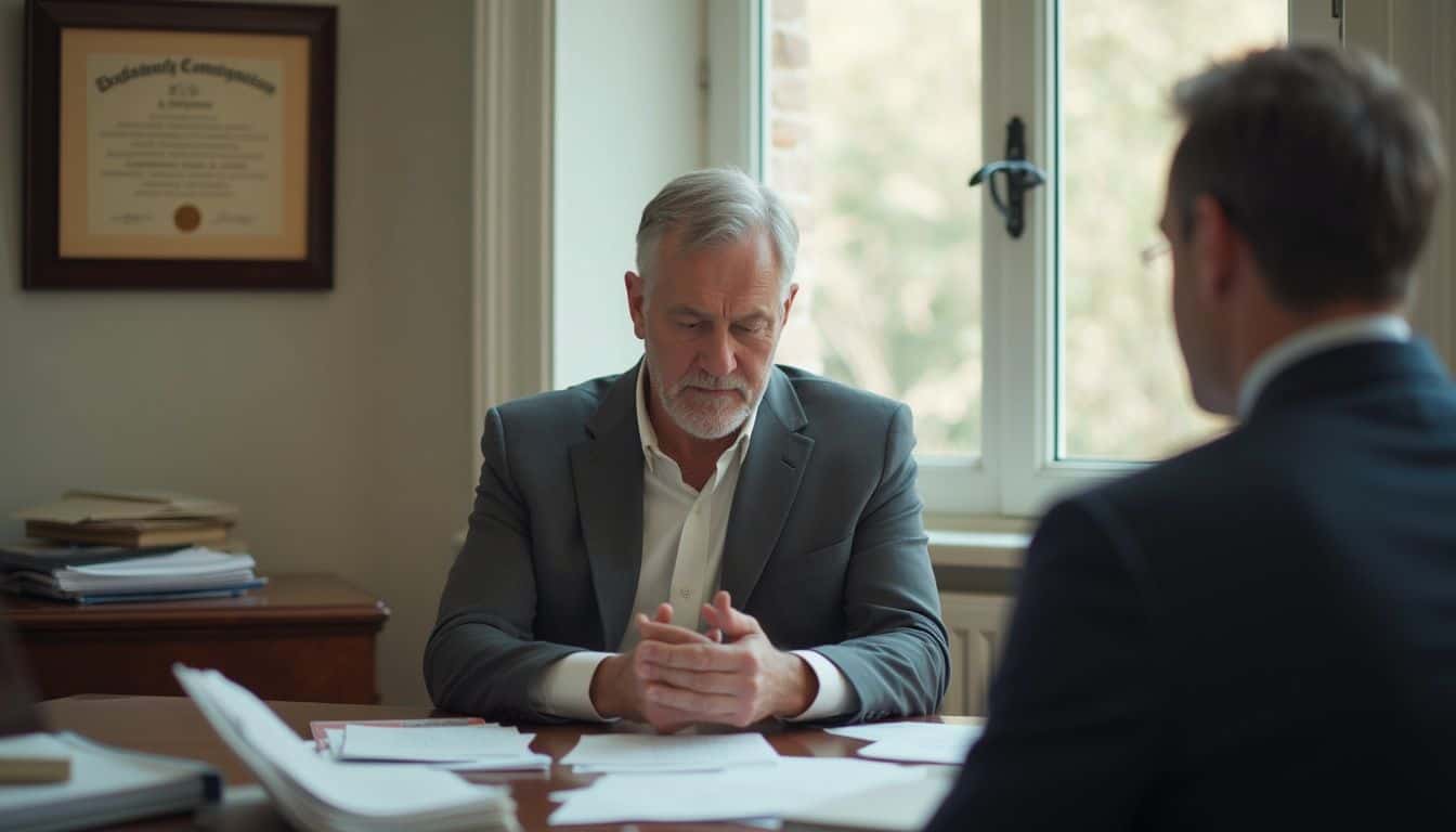 A man in his 40s appears anxious while meeting with a lawyer in a cluttered office. Experienced businessman in serious conversation during job interview, meeting, or consultation in modern office setting.
