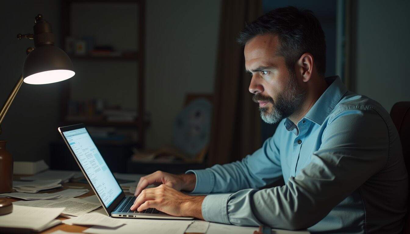 A mid-30s man is focused on his laptop amidst a cluttered desk of legal papers. Focused professional man working late at home on laptop, surrounded by documents and desk lamp, representing modern work and productivity.