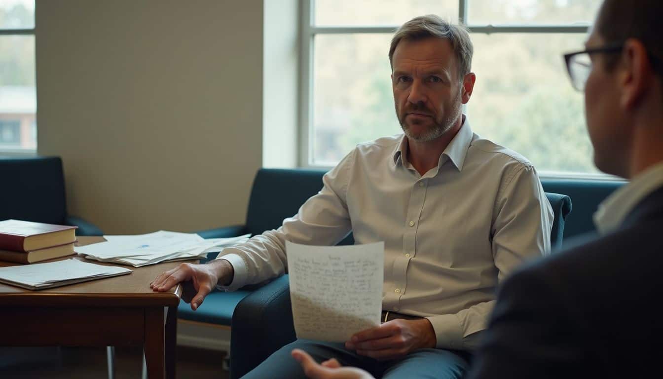 A nervous man in his 40s sits in a cluttered waiting room, holding a wrinkled paper with notes. Concise, professional business meeting discussing important documents in a modern office setting. Focus on business communication, teamwork, and corporate workflow.
