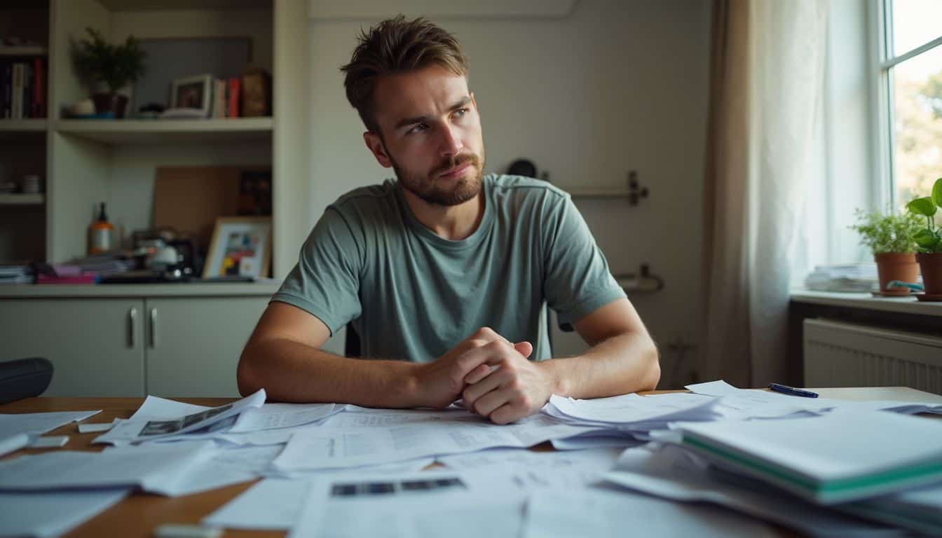 A tired man in his 30s sits at a messy desk, sorting through medical papers and x-rays. Thoughtful young man at cluttered desk contemplating in a home office environment.