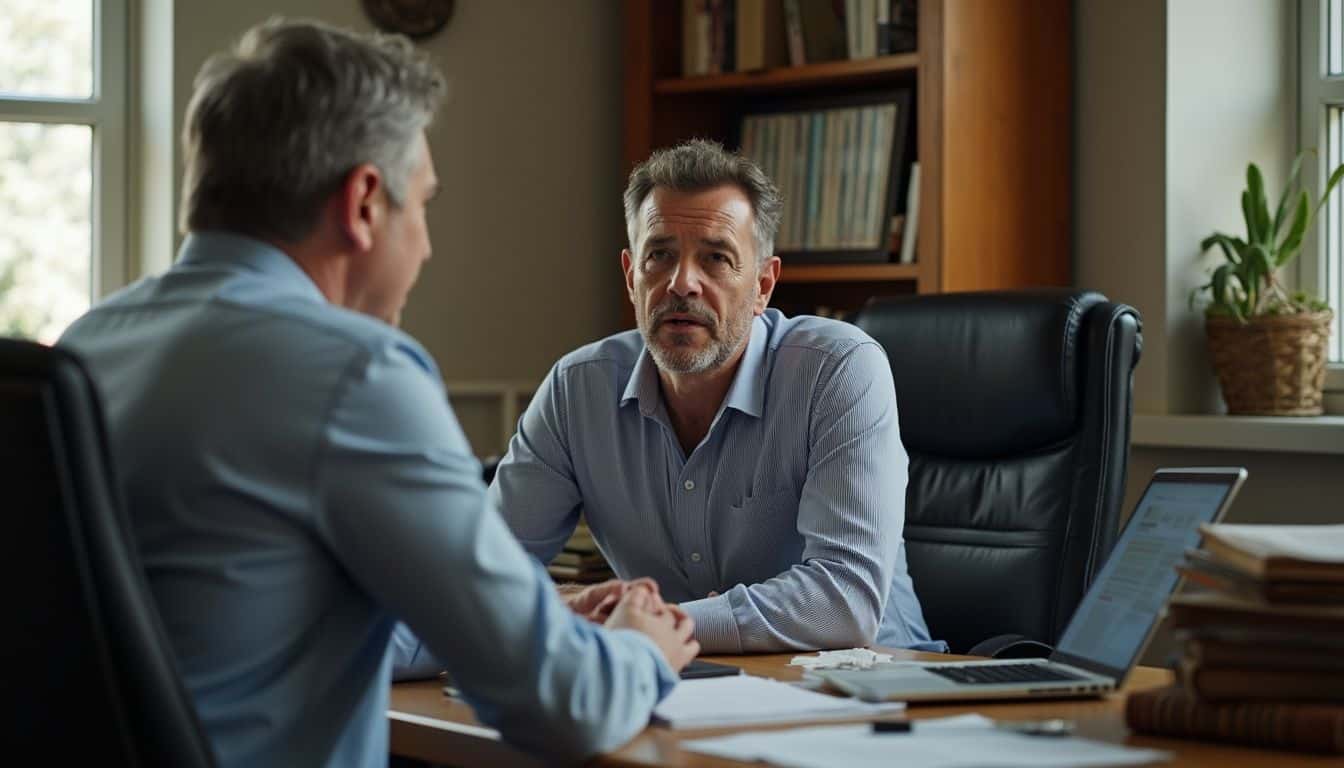 A man shares his car accident experience in a cluttered office while a lawyer listens attentively. Meeting between two middle-aged men in an office, discussing important matters, professional environment, workplace discussion, business conversation, office setting, gray hair, formal attire, laptop and paperwork on desk, serious tone, collaboration, leadership, teamwork, executive discussion, corporate environment, professional communication, strategic planning, work environment, modern office space, business professionals.