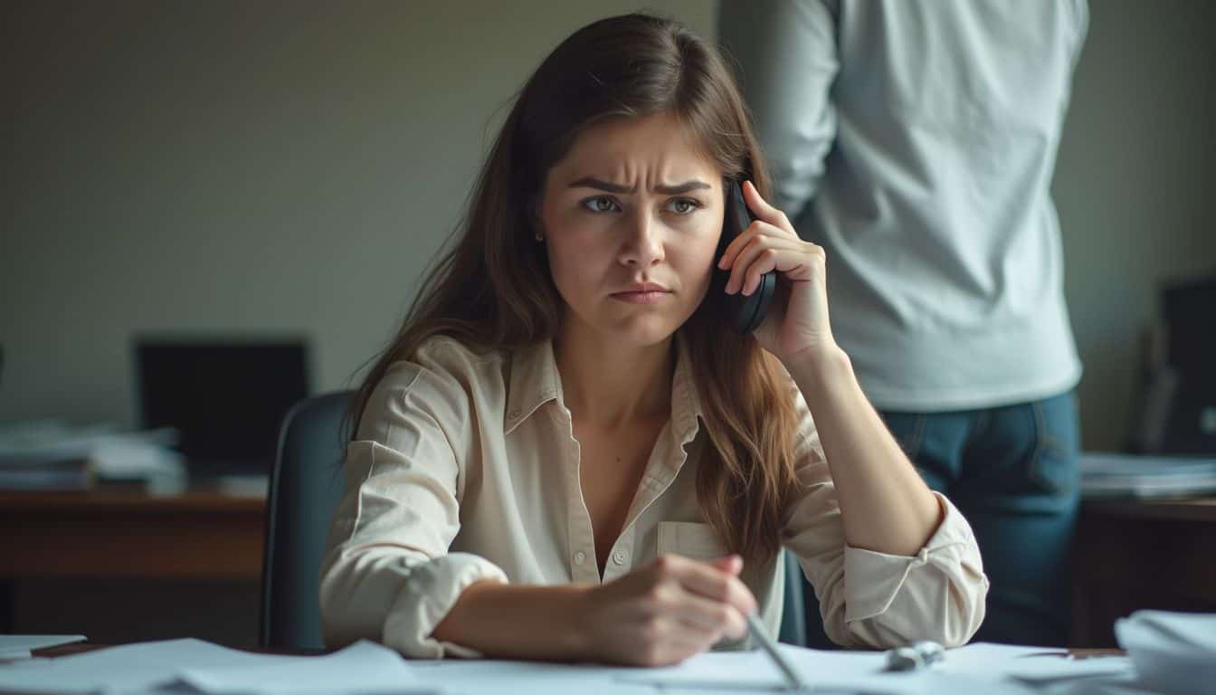 A worried woman in her mid-30s talks on the phone amid a messy desk and an out-of-focus figure behind her. Frustrated businesswoman on the phone at her desk in an office setting, confused and annoyed while dealing with work-related issues.