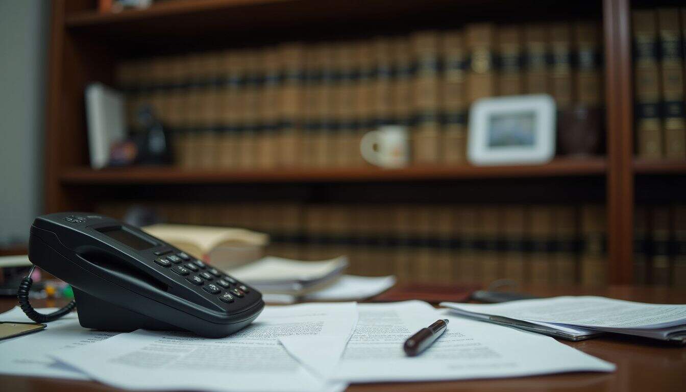 A cluttered legal desk featuring a phone, scattered papers, and a recording device reflects a typical workday environment. Phone on office desk with documents and pen, professional workspace setting.