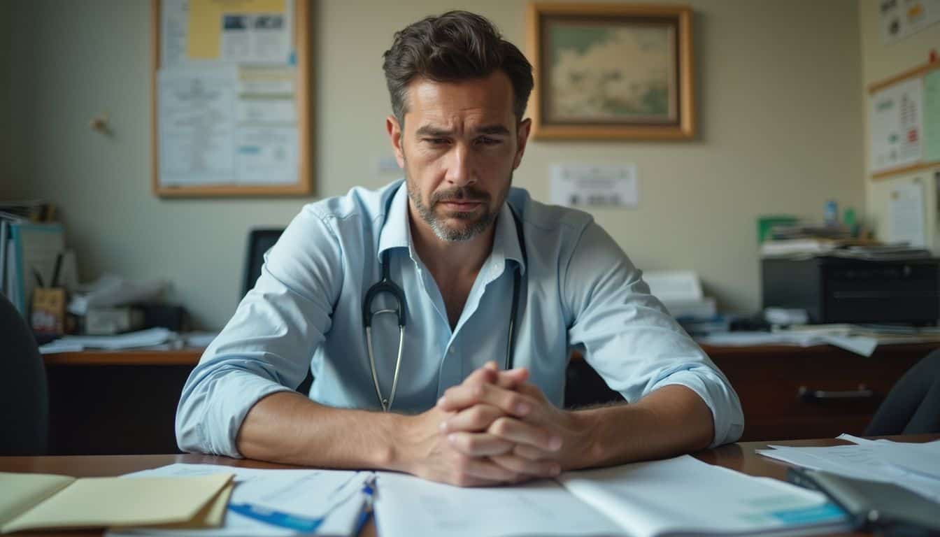 A concerned man in his 30s sits in a cluttered office, surrounded by papers and medical bills. Ambiguous man in doctor's office with stethoscope, worried expression, medical documents on desk, health care, healthcare professional, medical consultation, patient care, Unfinished Man, male doctor.
